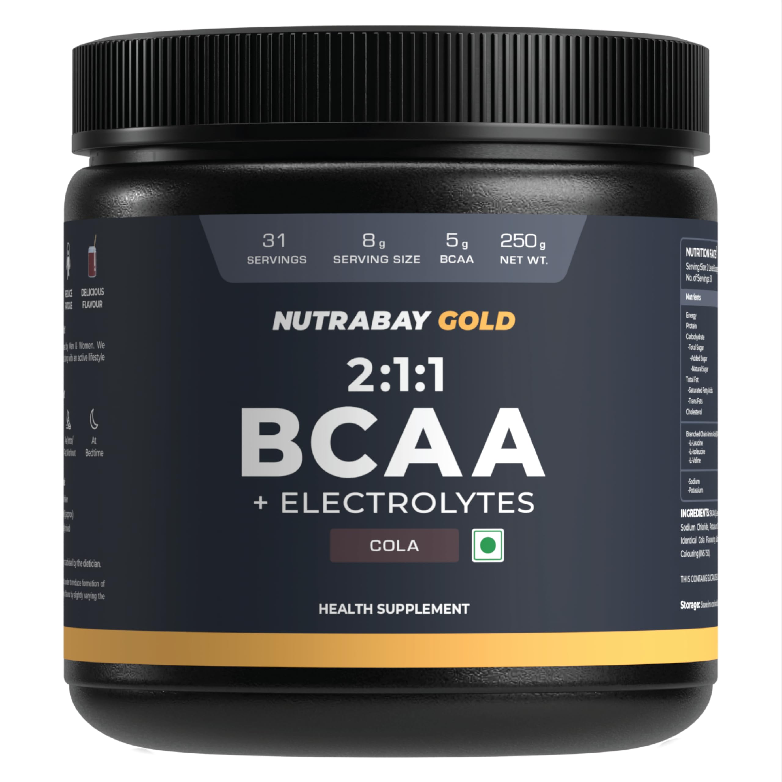 Nutrabay Gold BCAA 2:1:1 with Electrolytes 5000 mg Vegan BCAAs per Serving – Pre/Post Workout Energy Drink for Muscle Build Up & Faster Recovery - Tested for Purity - No Banned Substances – 250g, Cola