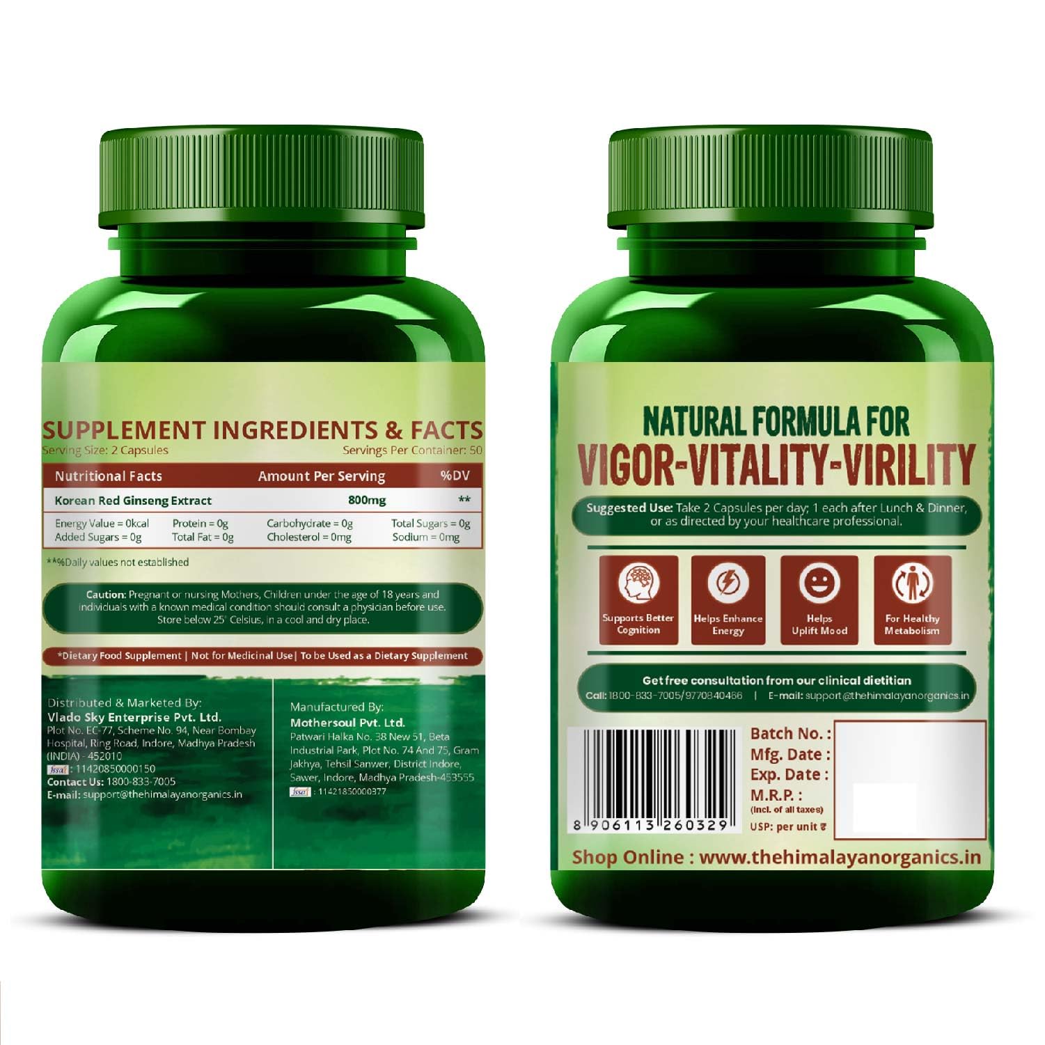 Himalayan Organics Korean Ginseng 800 mg Vegetarian Capsules