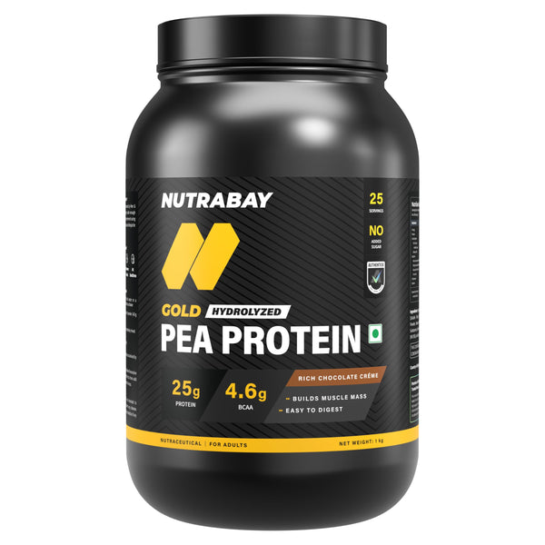 NUTRABAY Gold 100% Pea Protein Powder - , Rich Chocolate Crème | 25g Protein, 4.6g BCAA, 5g Fiber | Complete Amino Profile | Tastiest & Smoothest Vegan, Plant Protein | Muscle Gain & Fast Recovery