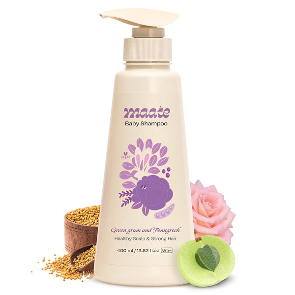 MAATE Baby Shampoo (400 ml) | Deep Cleanses, Nourishes Scalp & Hair | With Ayurvedic Herbs like Shikakai & Amla | Baby Shampoo For Kids 0-12 Years | Baby Hair Shampoo | Tear Free & Chemical Free