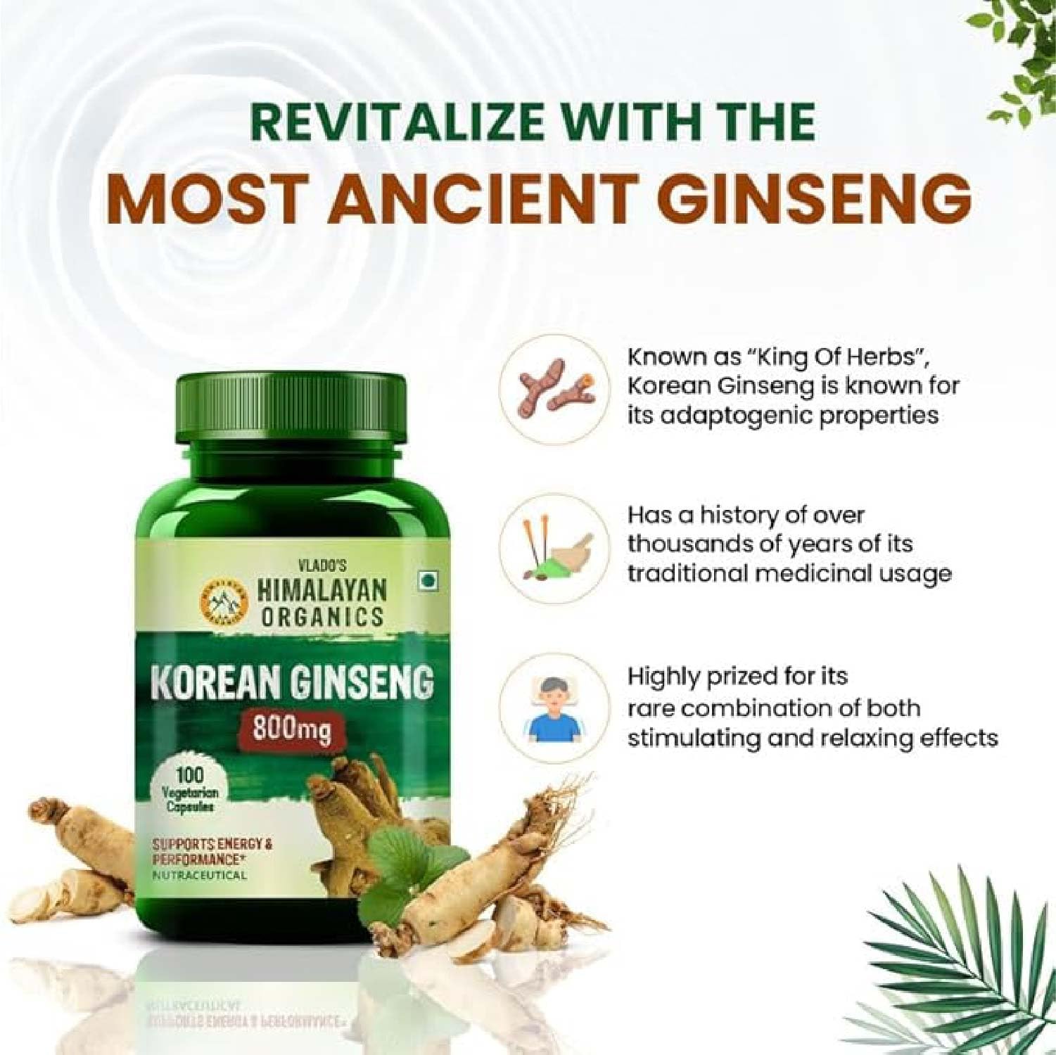 Himalayan Organics Korean Ginseng 800 mg Vegetarian Capsules