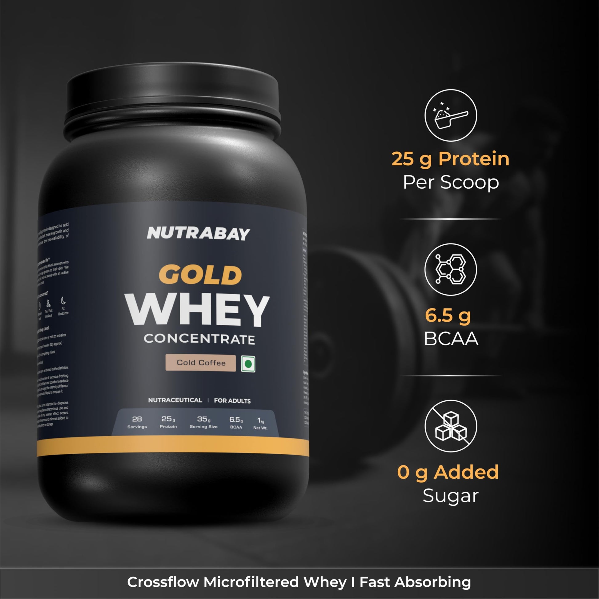 Nutrabay Gold Whey Protein Concentrate with Digestive Enzymes & Vitamin Minerals 25g Protein – Muscle Support & Recovery – 1kg, Cold Coffee | Trustified Certified Authentic
