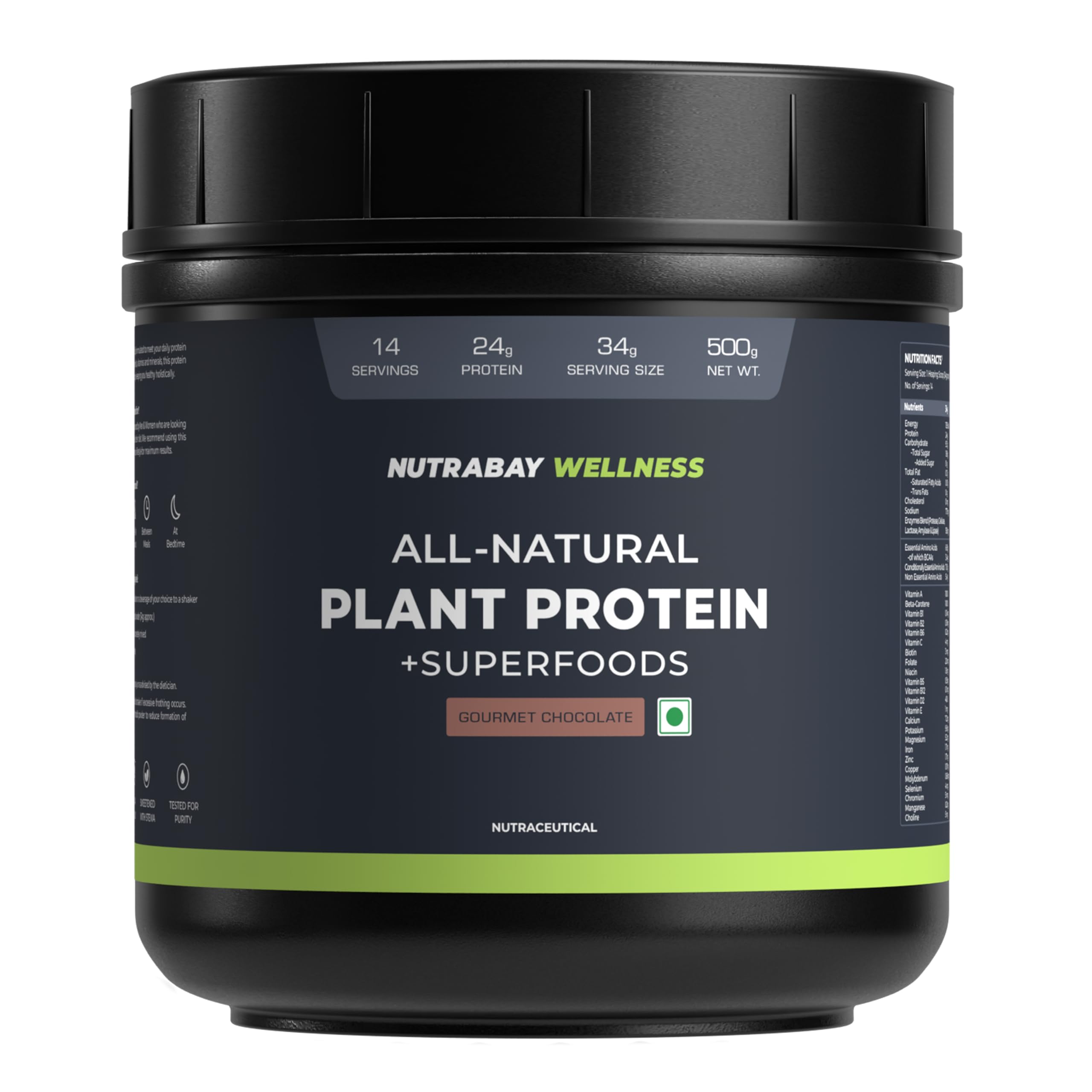 Nutrabay Wellness All Natural Plant Protein - 500g, Gourmet Chocolate | Complete Amino Acid | Pea & Brown Rice Protein | 24g Protein | Easy to Digest | Sweetened with Stevia | For Men & Women