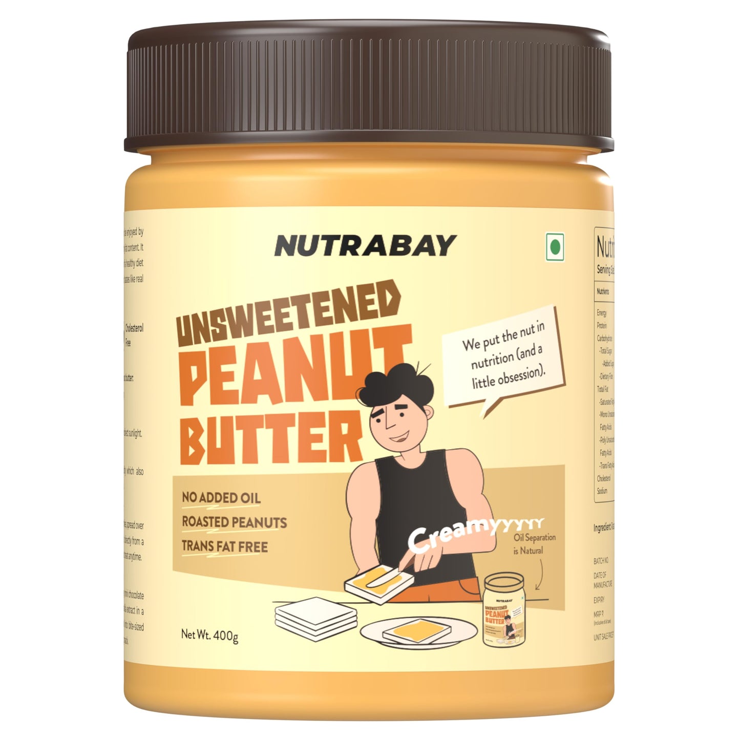 Nutrabay Foods All-Natural Peanut Butter (Creamy) - Unsweetened, 400g | 28g Protein, Zero Cholesterol, Vegan, Gluten Free, Non GMO