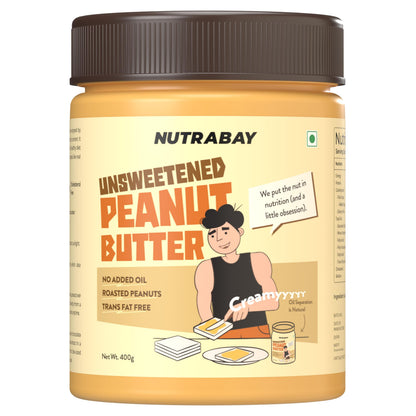 Nutrabay Foods All-Natural Peanut Butter (Creamy) - Unsweetened, 400g | 28g Protein, Zero Cholesterol, Vegan, Gluten Free, Non GMO
