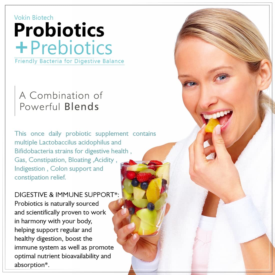 Vokin Biotech Probiotics+ Prebiotics Supplement 50 Billion Cfu For Women & Men With Prebiotics 150 mg | Probiotic Capsules For Digestion Support, Gut Health And Immunity – 60 Veg Capsules