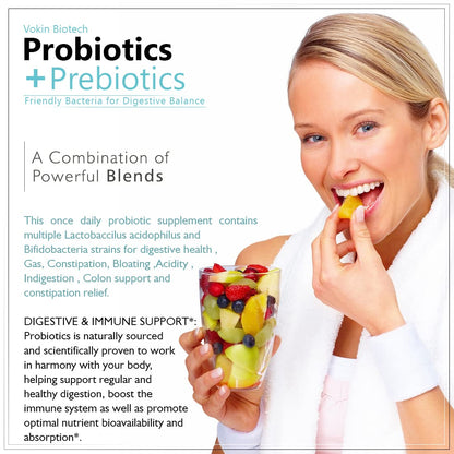 Vokin Biotech Probiotics+ Prebiotics Supplement 50 Billion Cfu For Women & Men With Prebiotics 150 mg | Probiotic Capsules For Digestion Support, Gut Health And Immunity – 60 Veg Capsules