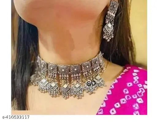 Tehzeeb Creations Women's Silver Colour Oxidised Necklace Set With Mirror Work - Distacart