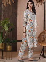 Thumbnail for ADA Floral Printed Round Neck Regular Lucknowi Chikankari Kurta with Trousers - Distacart