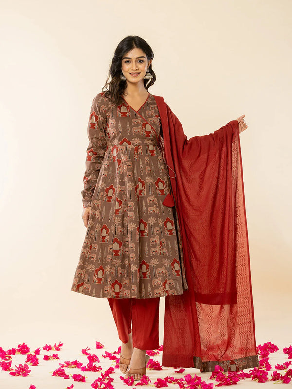 Yufta Brown Cotton Angrakha Style Kurta With Dobby Dupatta Set