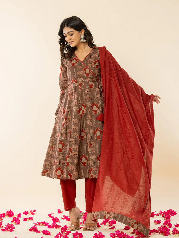 Yufta Brown Cotton Angrakha Style Kurta With Dobby Dupatta Set