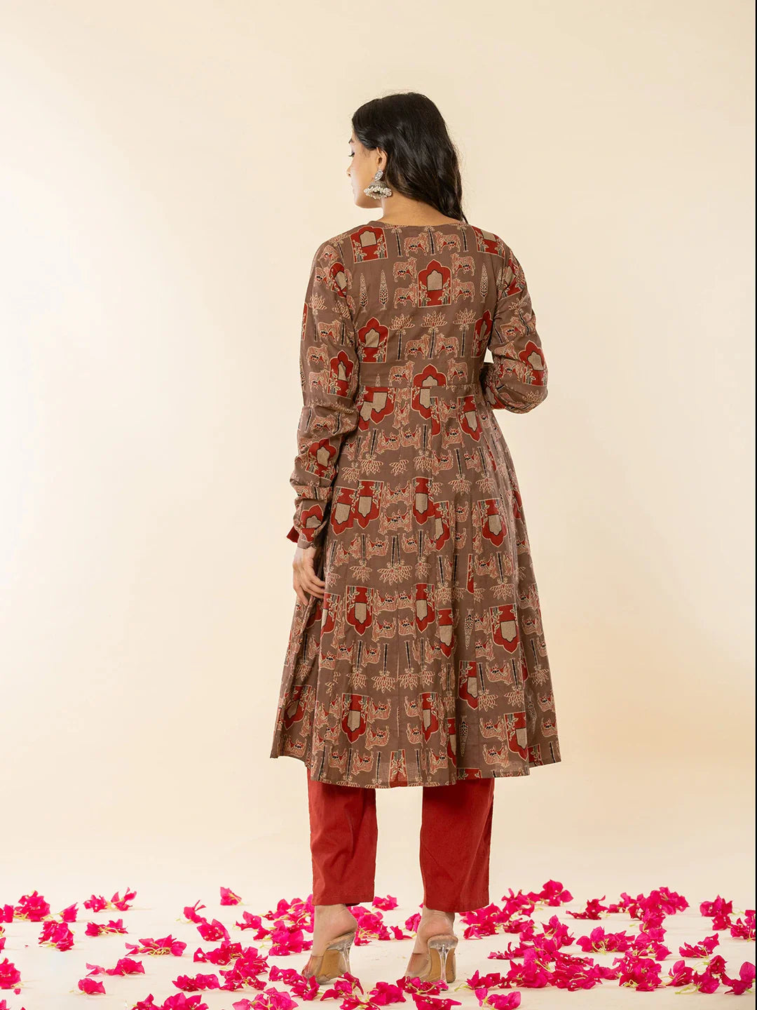 Yufta Brown Cotton Angrakha Style Kurta With Dobby Dupatta Set