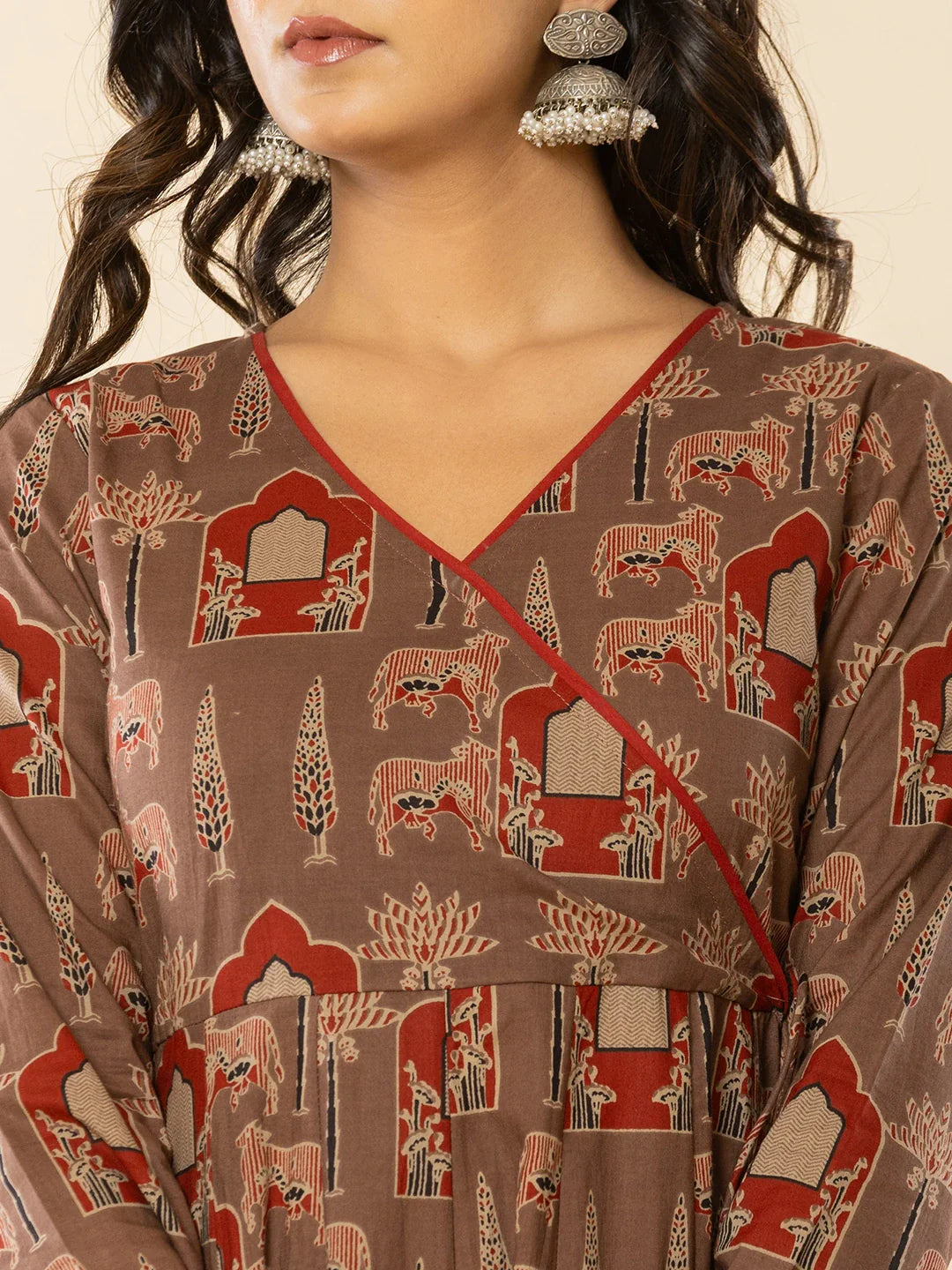 Yufta Brown Cotton Angrakha Style Kurta With Dobby Dupatta Set