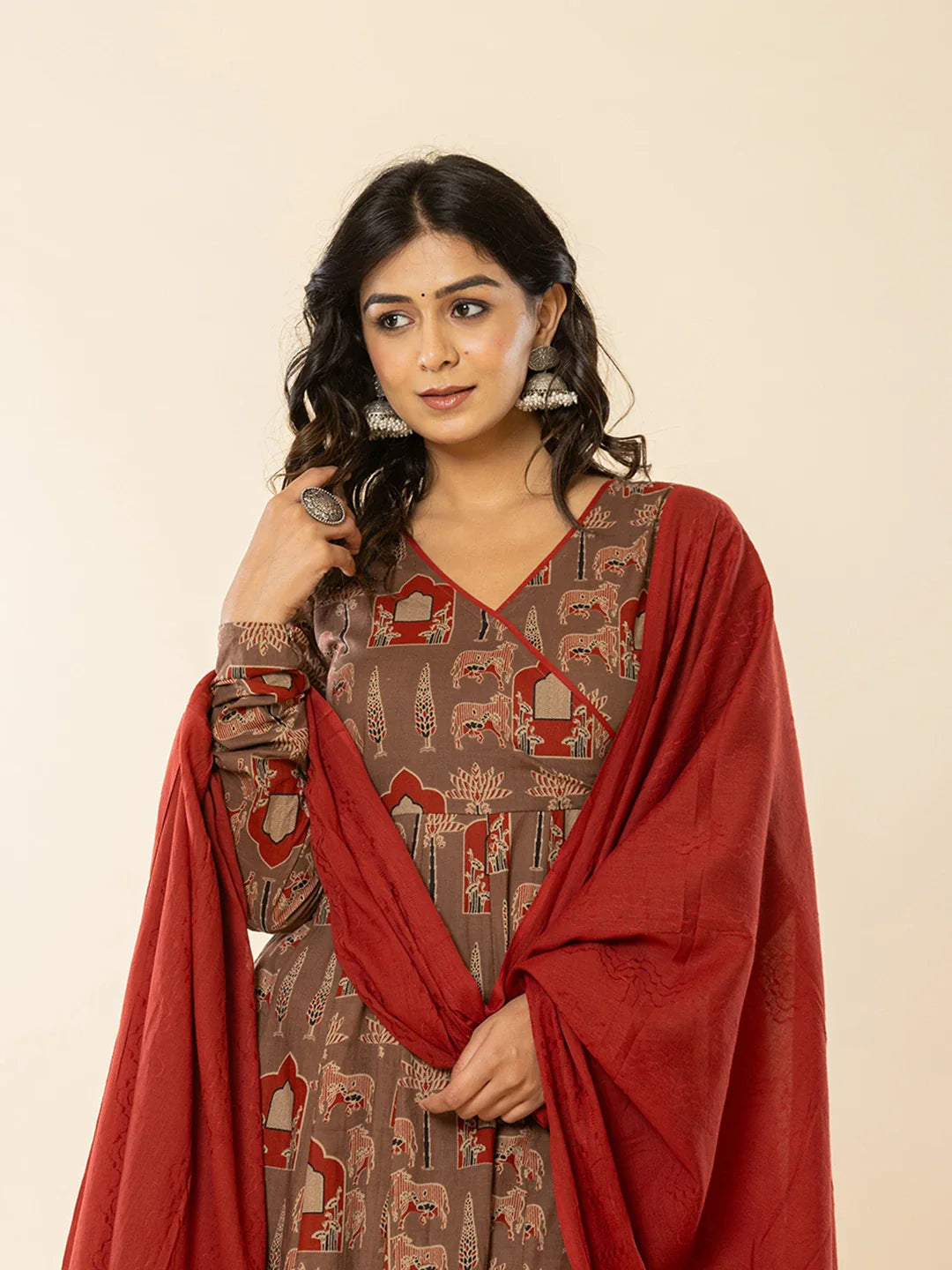 Yufta Brown Cotton Angrakha Style Kurta With Dobby Dupatta Set
