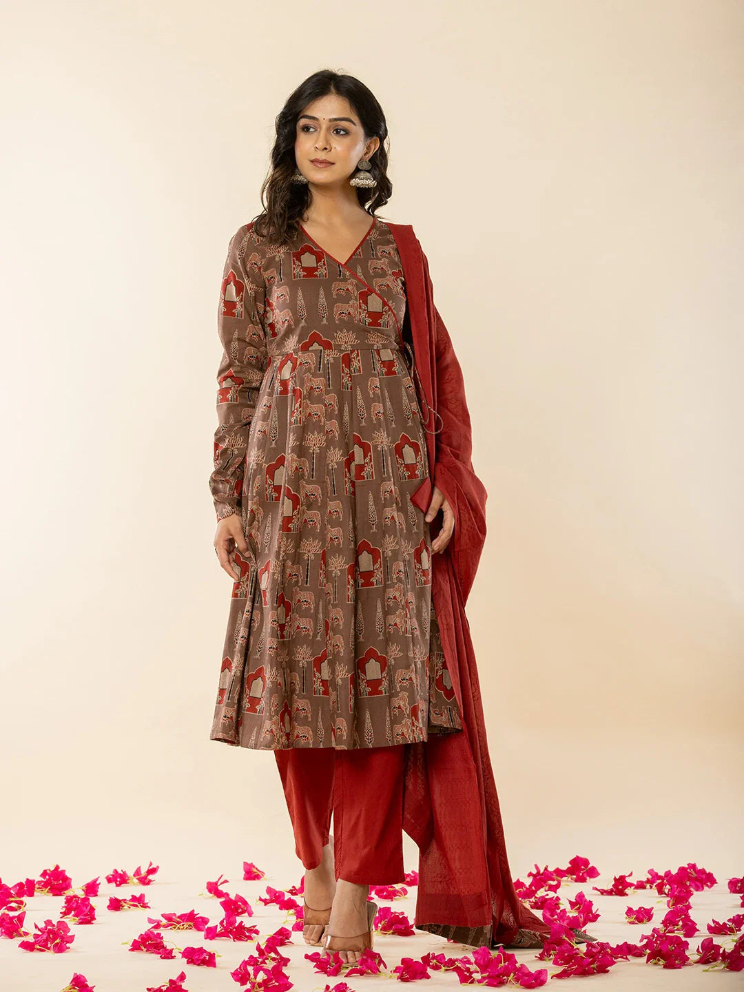 Yufta Brown Cotton Angrakha Style Kurta With Dobby Dupatta Set