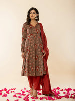 Thumbnail for Yufta Brown Cotton Angrakha Style Kurta With Dobby Dupatta Set