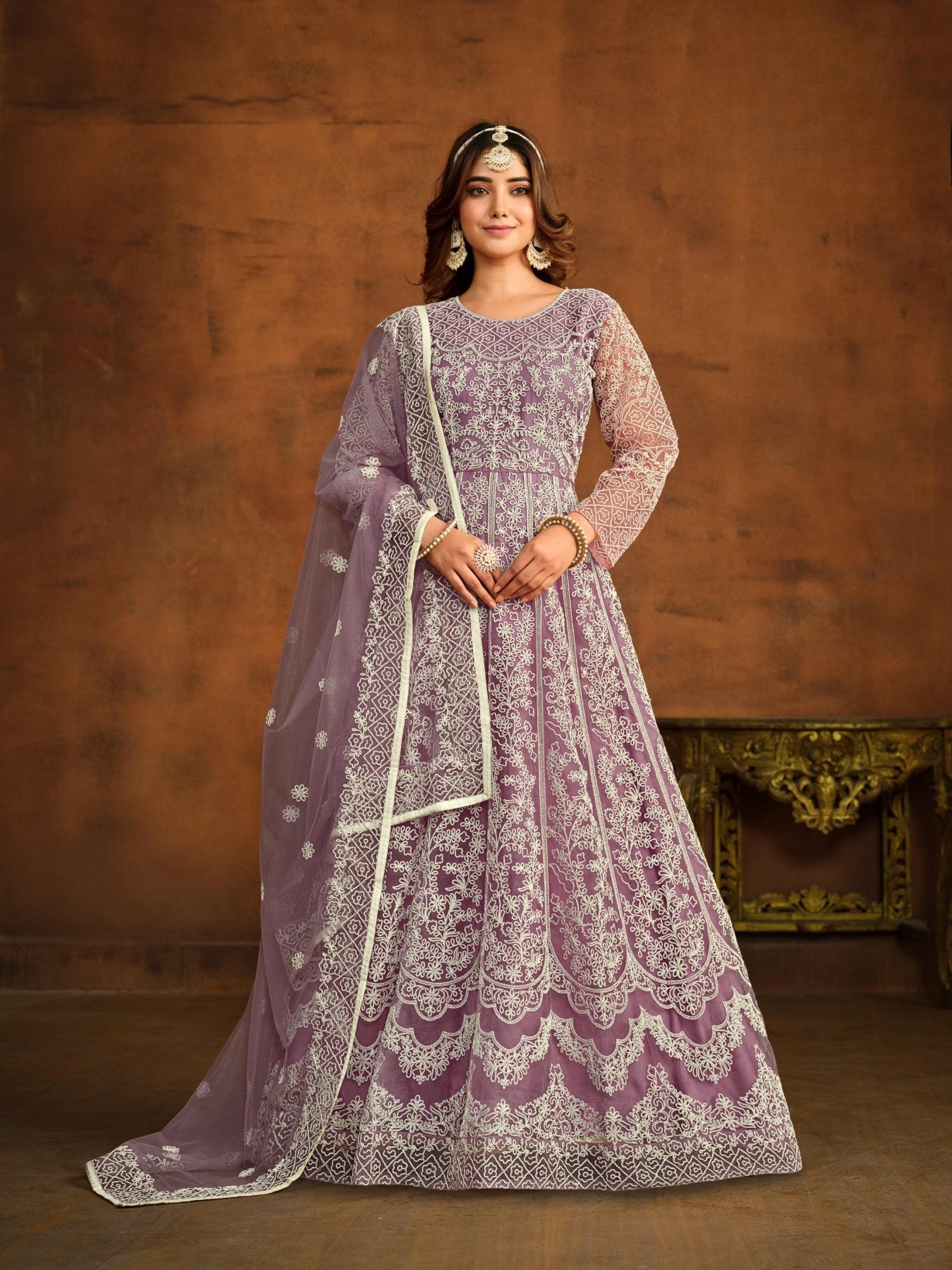Anaita Lavender Embroidered Net Anarkali Suit - Distacart