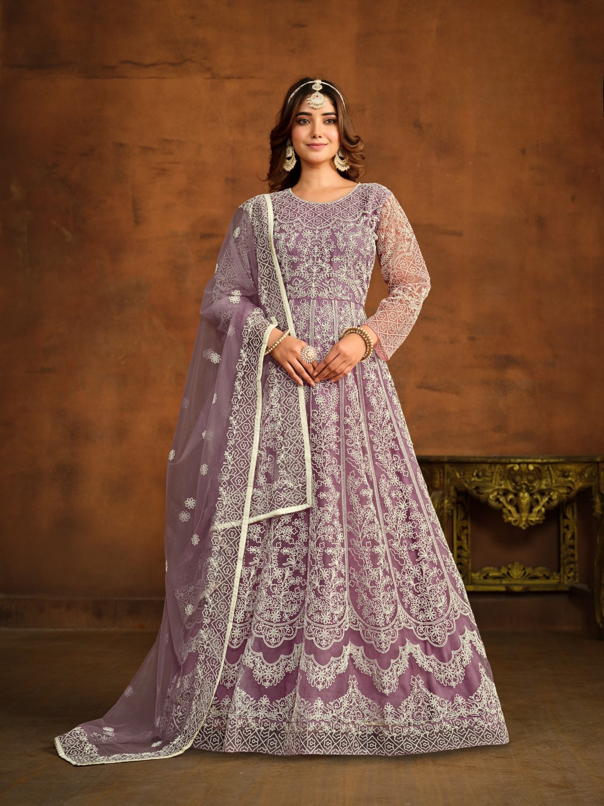 Anaita Lavender Embroidered Net Anarkali Suit - Distacart