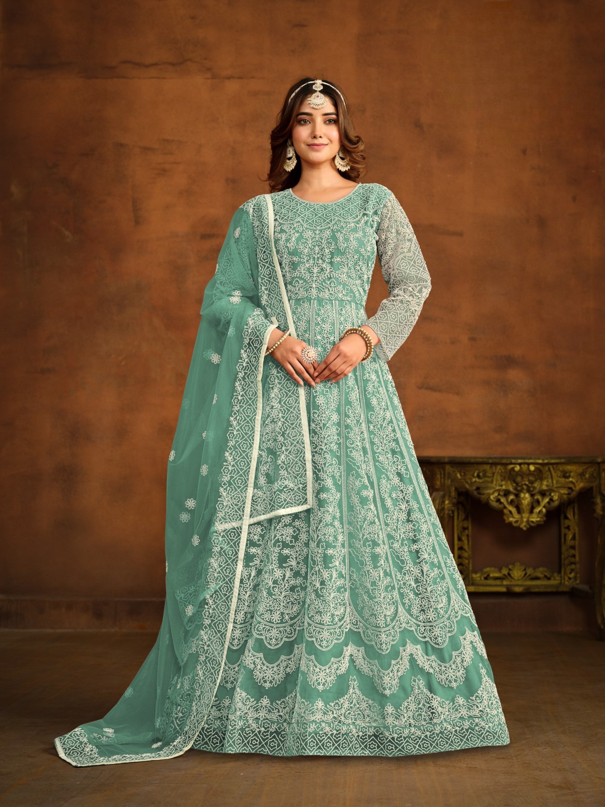 Anaita Sky Blue Embroidered Net Anarkali Suit - Distacart