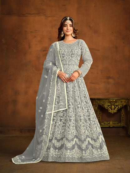 Anaita Grey Embroidered Net Anarkali Suit - Distacart