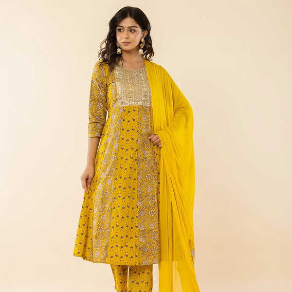 Yufta Mustard Cotton Embroidered Anarkali Kurta Dupatta Set - Distacart