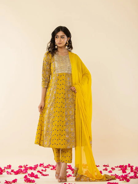 Yufta Mustard Cotton Embroidered Anarkali Kurta Dupatta Set