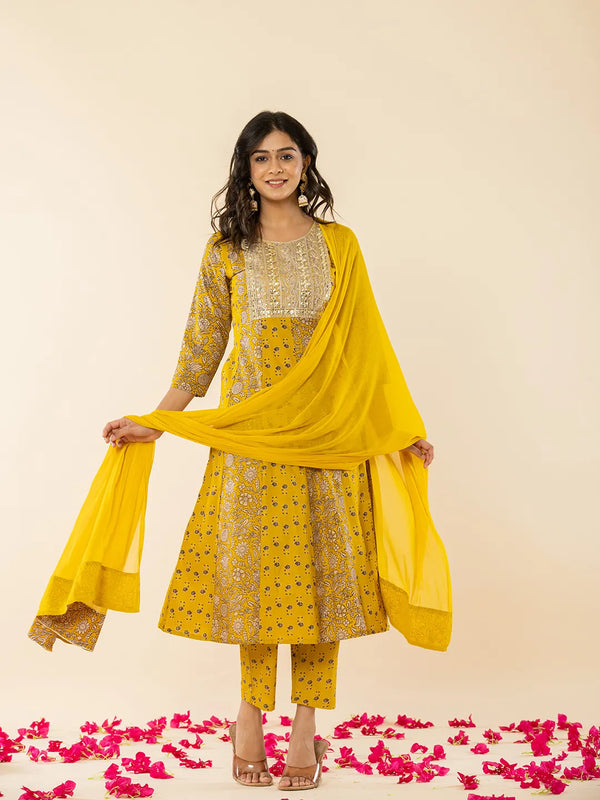 Yufta Mustard Cotton Embroidered Anarkali Kurta Dupatta Set