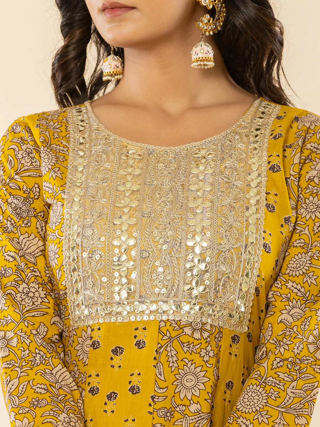 Yufta Mustard Cotton Embroidered Anarkali Kurta Dupatta Set