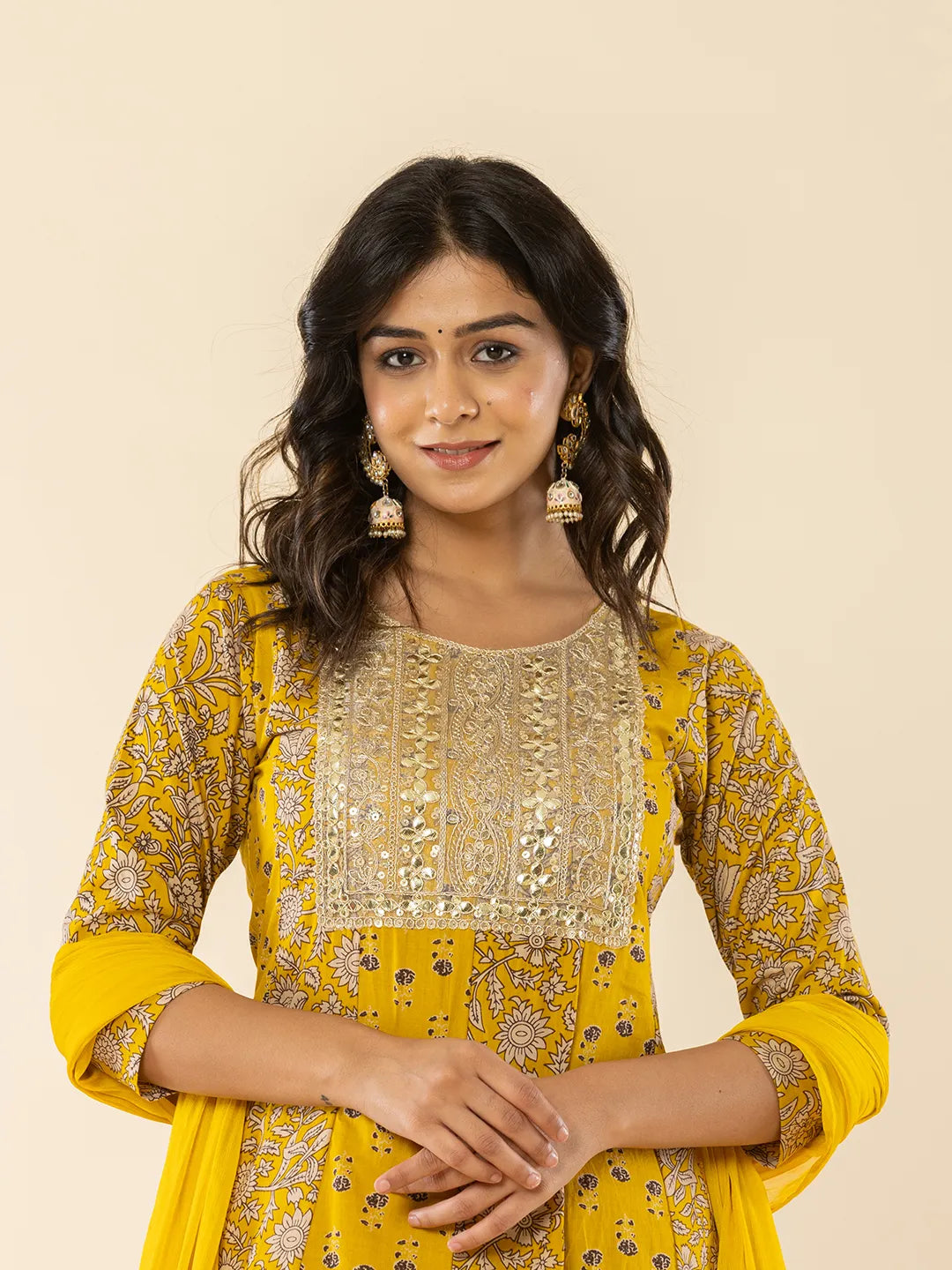 Yufta Mustard Cotton Embroidered Anarkali Kurta Dupatta Set