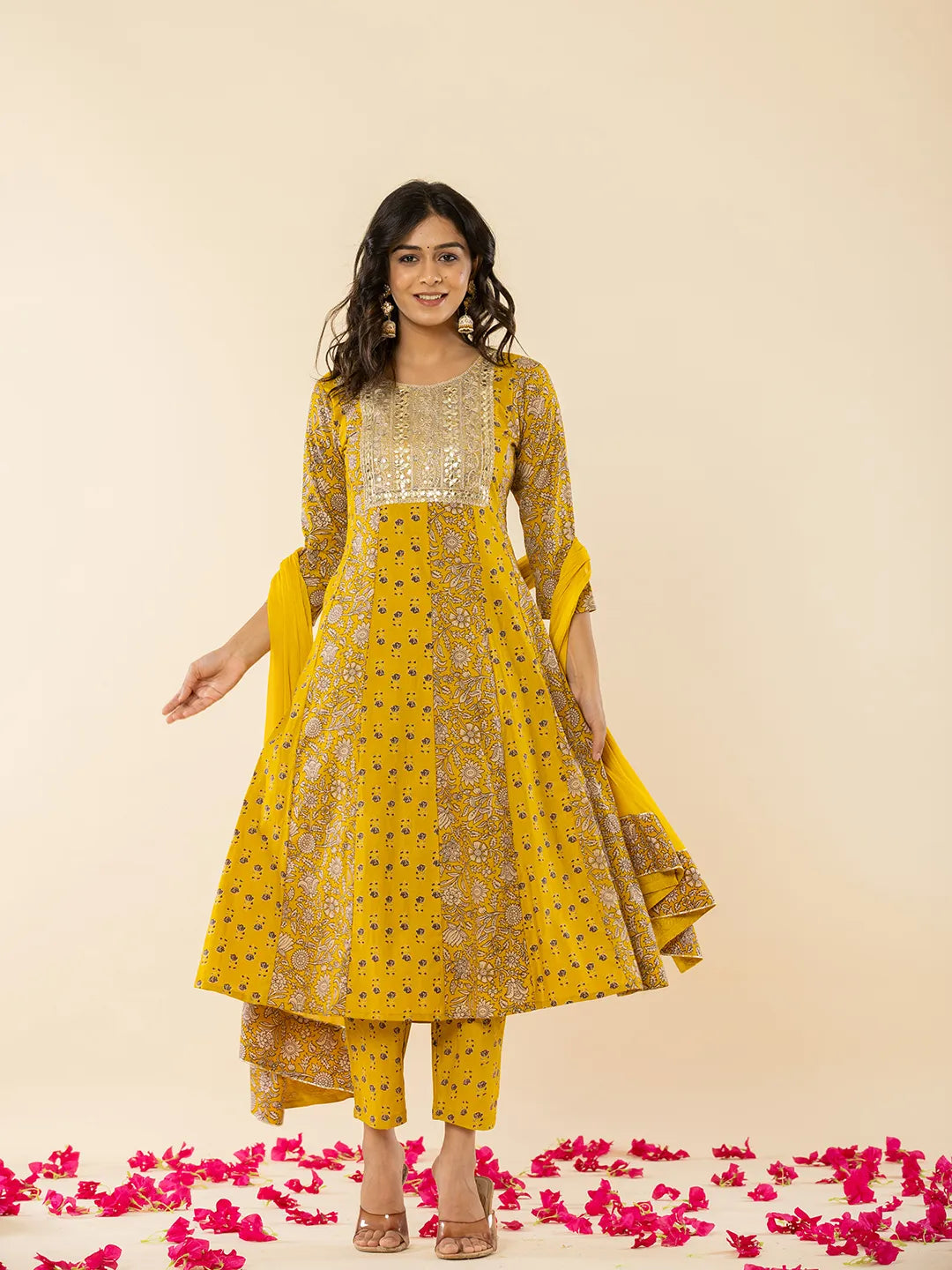 Yufta Mustard Cotton Embroidered Anarkali Kurta Dupatta Set