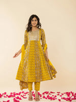 Thumbnail for Yufta Mustard Cotton Embroidered Anarkali Kurta Dupatta Set