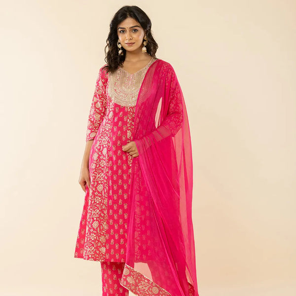 Yufta Pink Cotton Embroidered Anarkali Kurta Dupatta Set - Distacart