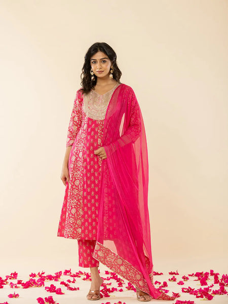 Yufta Pink Cotton Embroidered Anarkali Kurta Dupatta Set