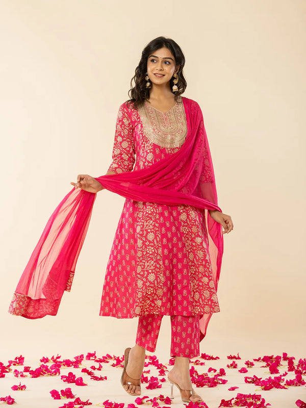 Yufta Pink Cotton Embroidered Anarkali Kurta Dupatta Set