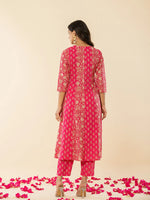 Thumbnail for Yufta Pink Cotton Embroidered Anarkali Kurta Dupatta Set