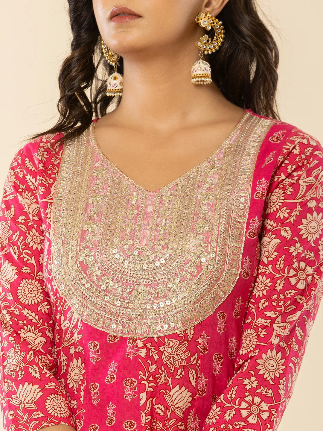 Yufta Pink Cotton Embroidered Anarkali Kurta Dupatta Set