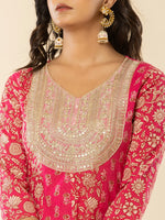 Thumbnail for Yufta Pink Cotton Embroidered Anarkali Kurta Dupatta Set