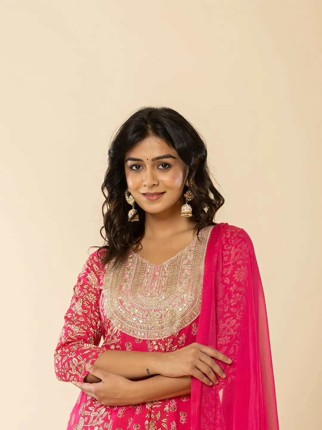 Yufta Pink Cotton Embroidered Anarkali Kurta Dupatta Set