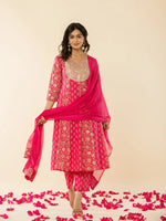 Thumbnail for Yufta Pink Cotton Embroidered Anarkali Kurta Dupatta Set
