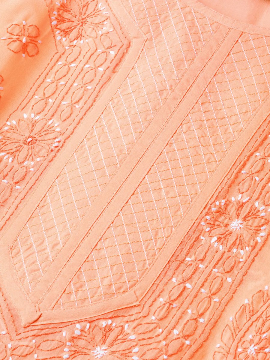 ADA Women Peach-Coloured & White Chikankari Embroidered Sustainable Handloom Kurta with Trousers - Distacart