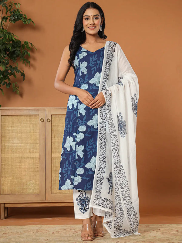 Yufta Cotton Strappy Block Print Kurta Dupatta Set