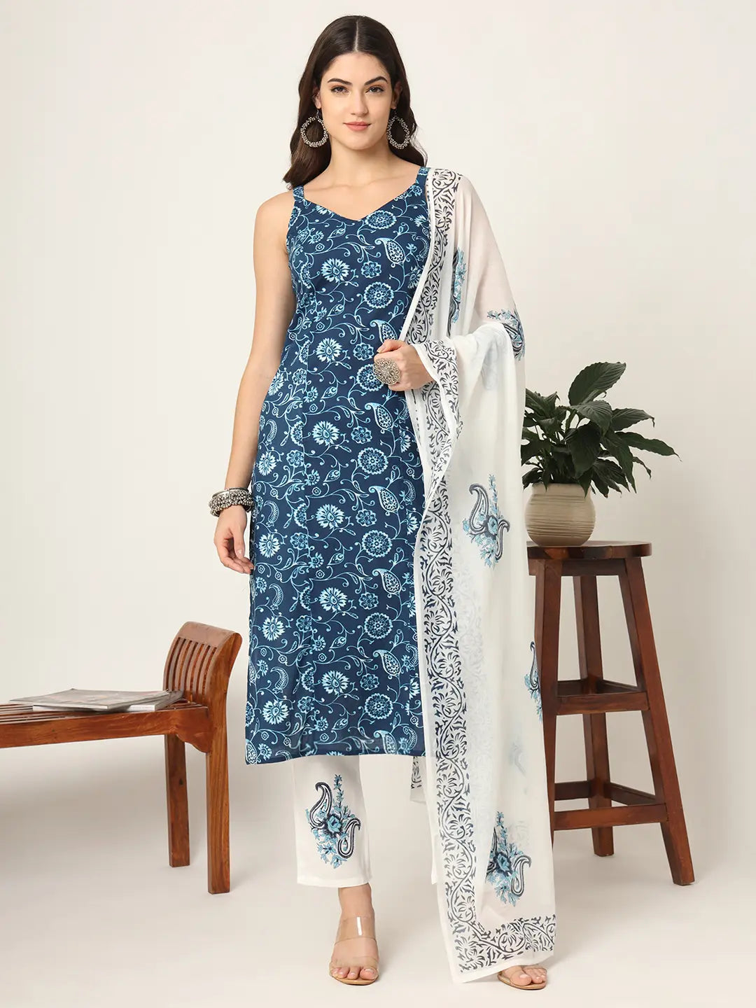 Yufta Blue Cotton Strappy Block Print Kurta Dupatta Set - Distacart