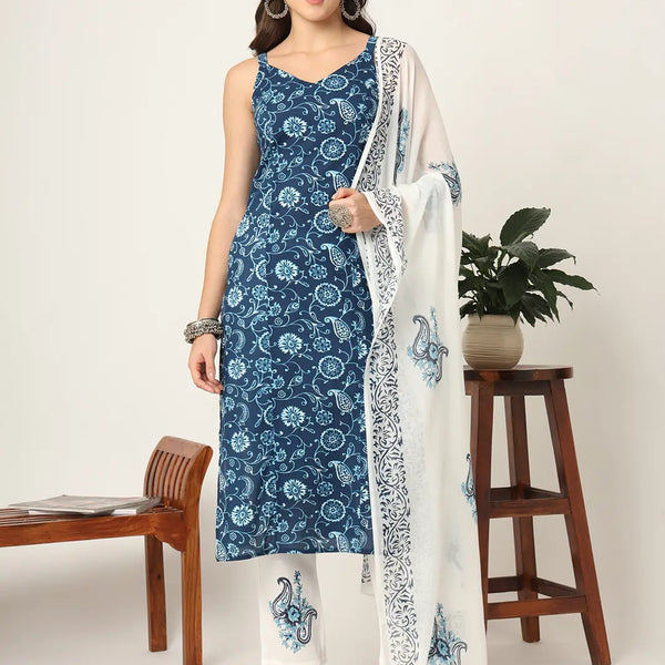 Yufta Blue Cotton Strappy Block Print Kurta Dupatta Set - Distacart