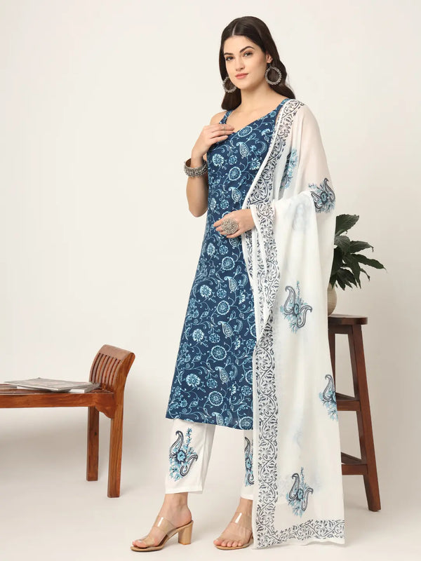 Yufta Blue Cotton Strappy Block Print Kurta Dupatta Set