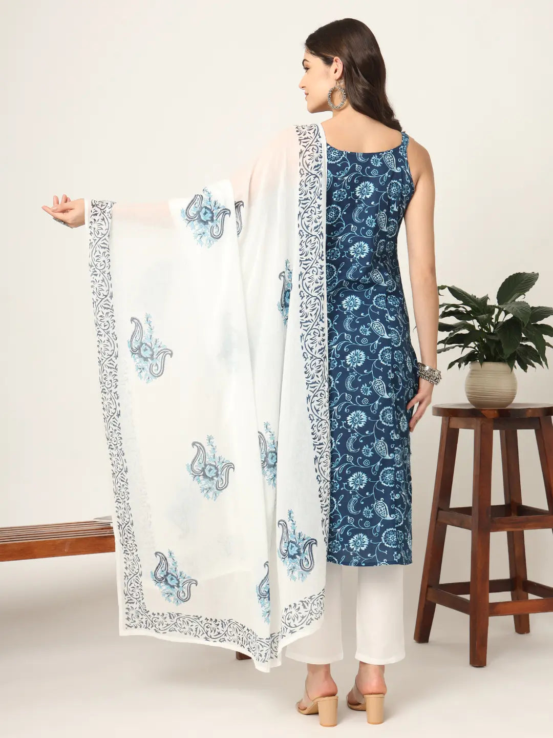Yufta Blue Cotton Strappy Block Print Kurta Dupatta Set