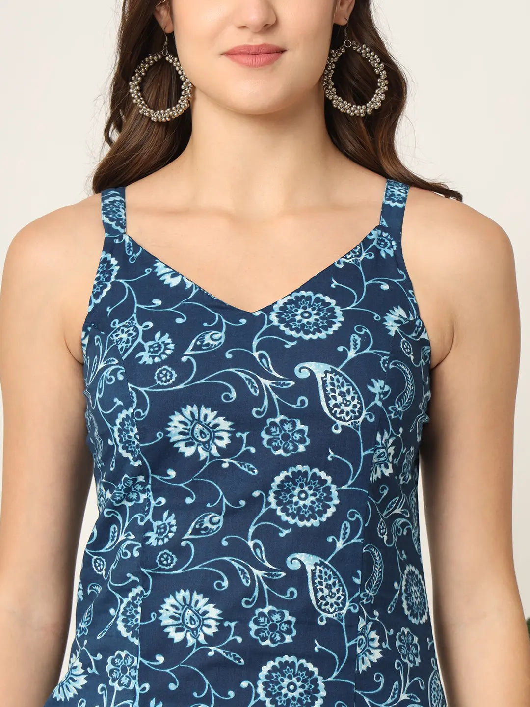Yufta Blue Cotton Strappy Block Print Kurta Dupatta Set