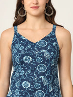 Thumbnail for Yufta Blue Cotton Strappy Block Print Kurta Dupatta Set