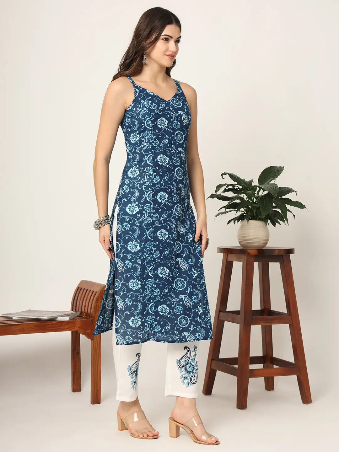 Yufta Blue Cotton Strappy Block Print Kurta Dupatta Set