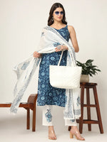 Thumbnail for Yufta Blue Cotton Strappy Block Print Kurta Dupatta Set