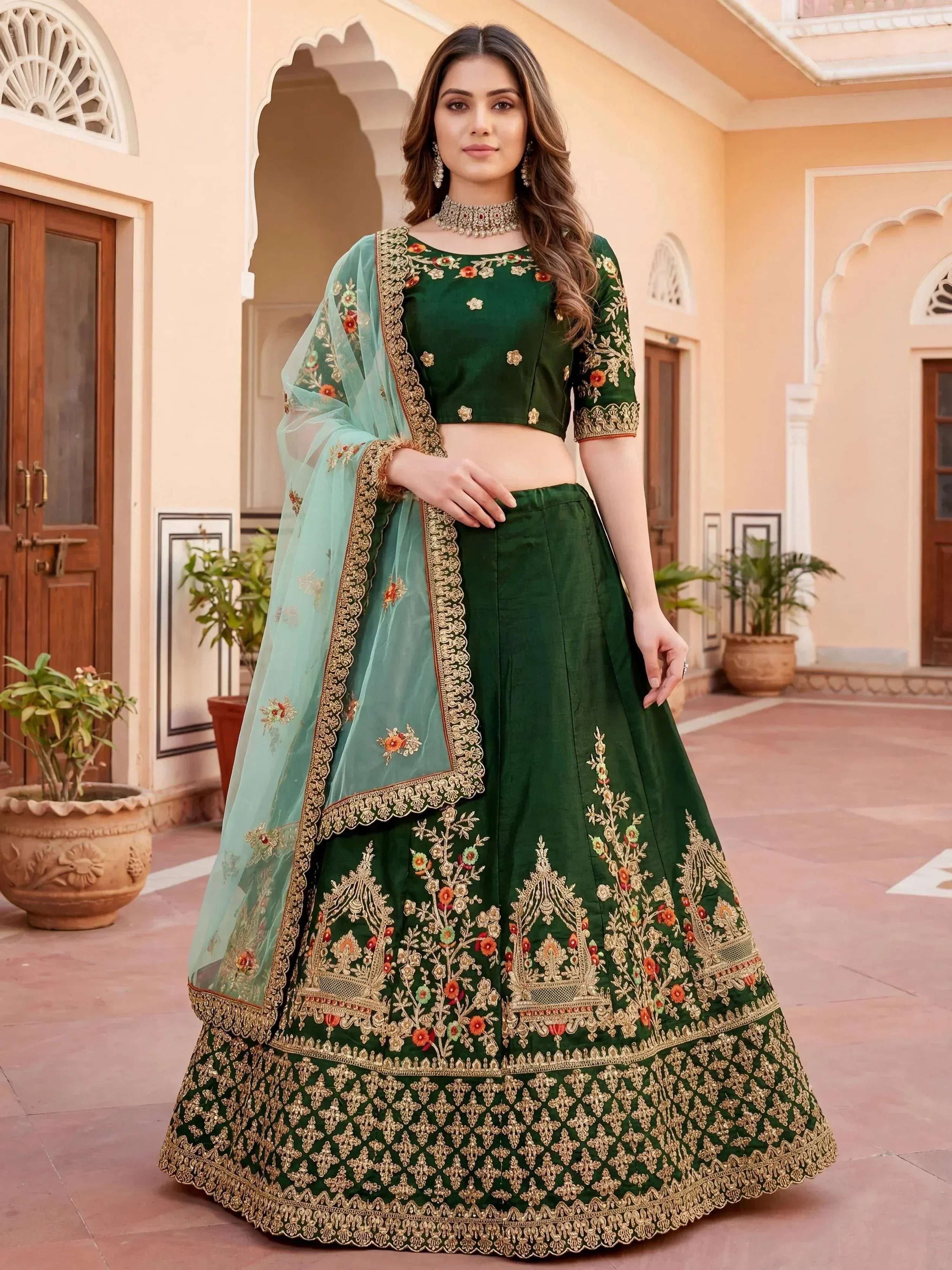 Tulsi Art Graceful Green Thread Embroidered Silk Wedding Wear Lehenga Choli - Dista